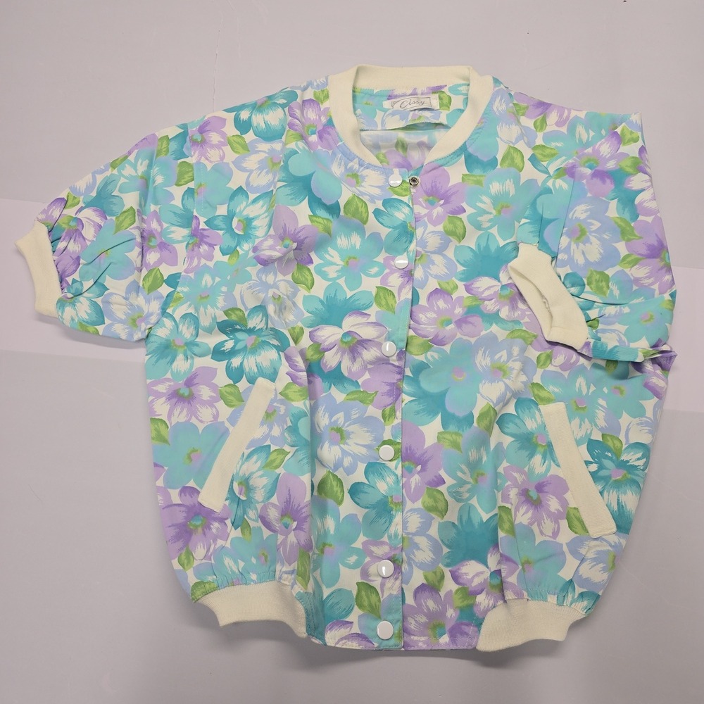 Cissy‎ Vintage Floral Bomber Jacket Short Sleeve Snap Front Pastel Blue Purple